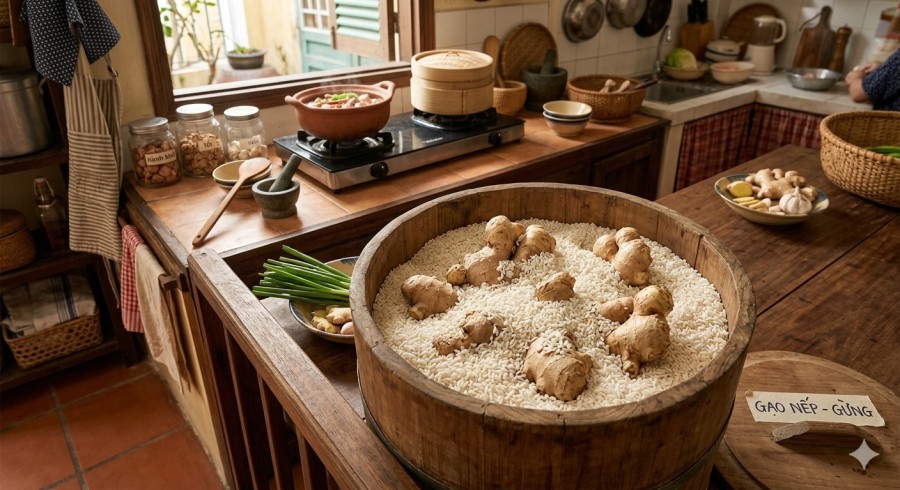 Gừng được vùi trong thùng gạo trong không gian bếp gia đình