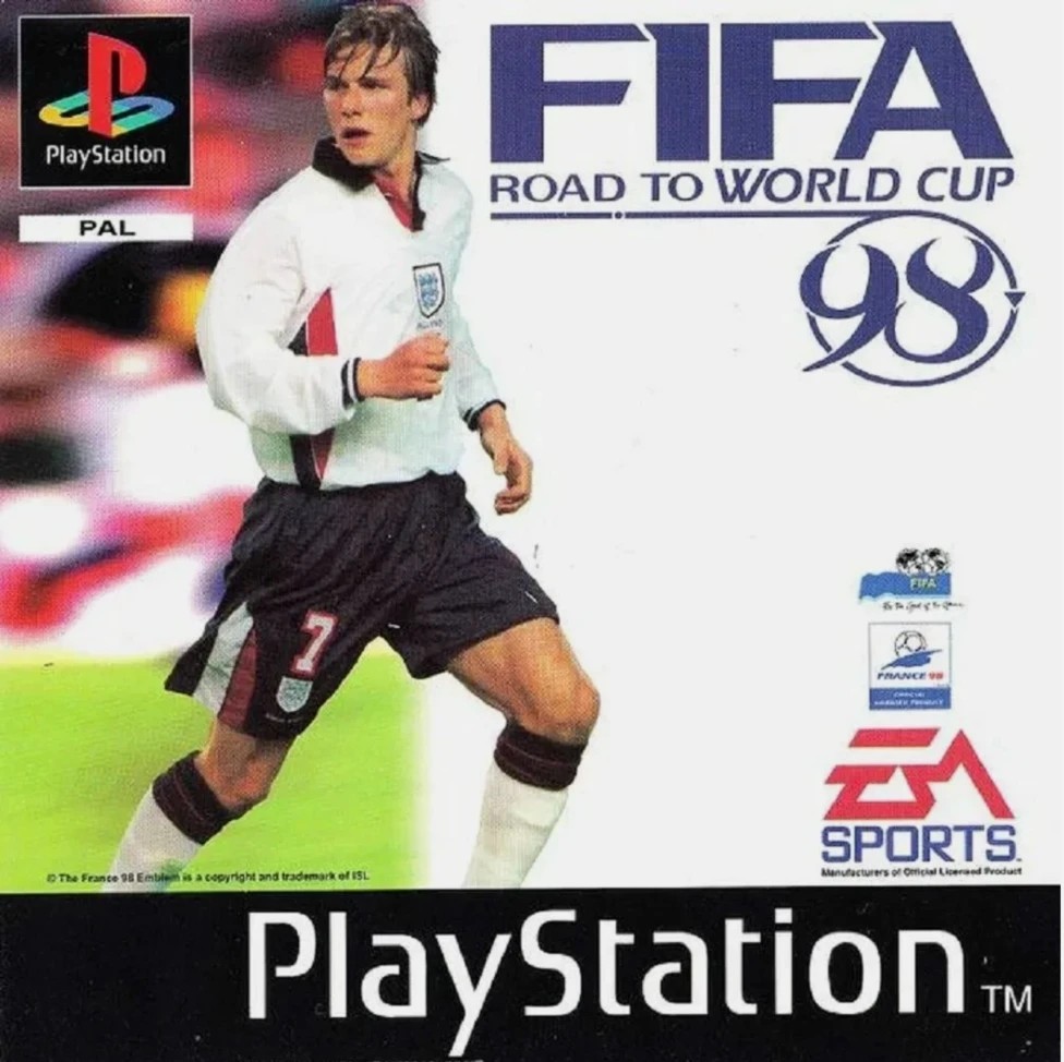 David Beckham trên trang bìa của tựa game Fifa: Road to World Cup 98.