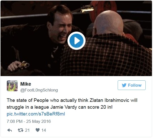 Phản ứng của Zlatan với thành tích ghi hơn 20 bàn của Vardy ở Premier League.