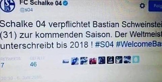 Đoạn Tweet chính thức về việc Schalke 04 có được sự phục vụ của Bastian Schweinsteiger. Ảnh: Internet.