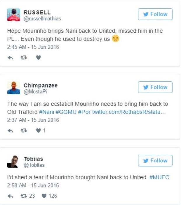 NHM M.U kêu gọi Mourinho mua Nani. Ảnh: Internet.