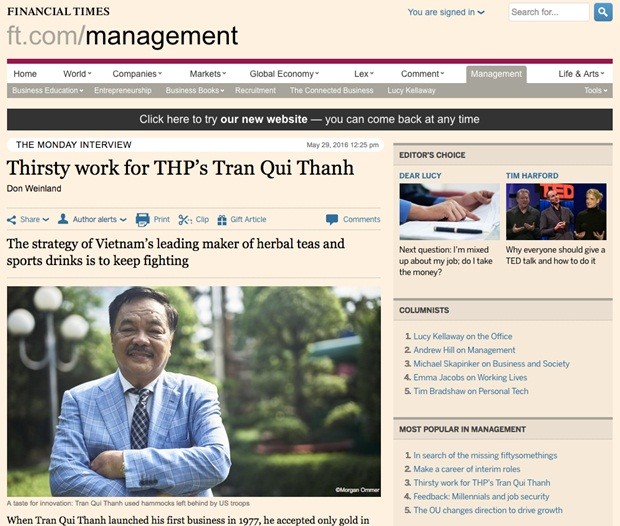Hình ảnh TS. Trần Quí Thanh xuất hiện trên Financial Times – tờ báo chuyên thảo luận, phân tích các vấn đề kinh tế toàn cầu.