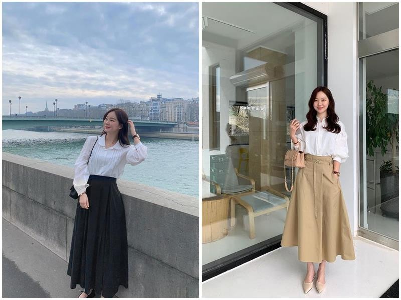 Đặc biệt, sự kết hợp giữa sơ mi trắng và chân váy tối màu được xem là “chuẩn mực” vì khả năng tạo cảm giác thanh lịch, gọn gàng và không bao giờ lỗi mốt.
