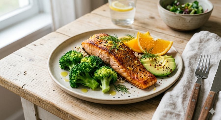 Cá hồi, rau xanh và trái cây giàu chất chống oxy hóa thường được khuyến khích trong chế độ ăn hỗ trợ gan khỏe mạnh.