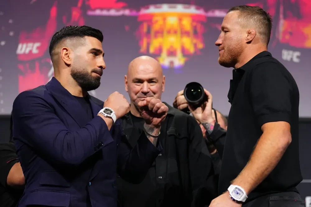Ilia Topuria and Justin Gaethje face off at UFC Freedom 250 press conference
