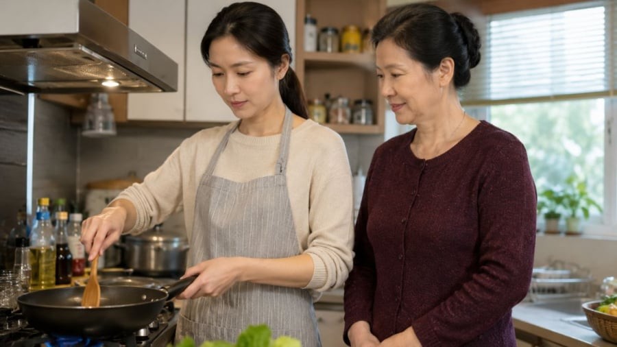 Mỗi lần tôi nấu ăn, bà thường đứng bên cạnh để nhắc nhở góp ý cho 