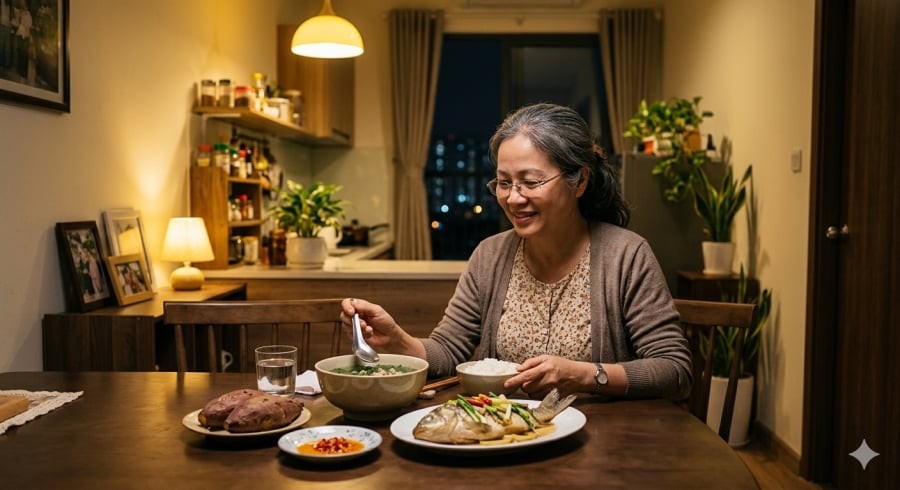 Bữa tối thanh đạm với rau xanh, cá hấp và khoai lang có thể giúp người trung niên cảm thấy nhẹ bụng, ngủ ngon hơn.