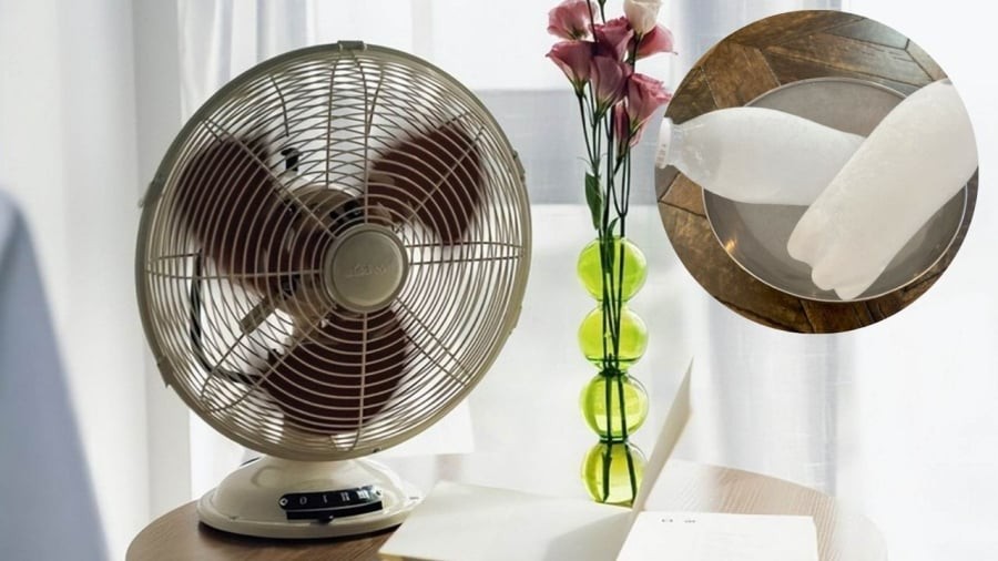 Đặt chai nước đông đá trước quạt sẽ giúp tạo ra luồng gió mát, hạ nhiệt cho căn phòng. 