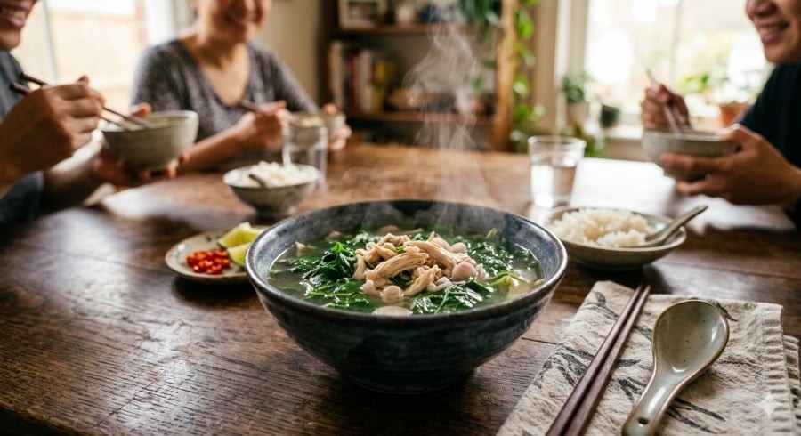 Canh gà lá dâu tằm có vị thanh ngọt, dễ ăn trong những ngày thời tiết oi nóng.