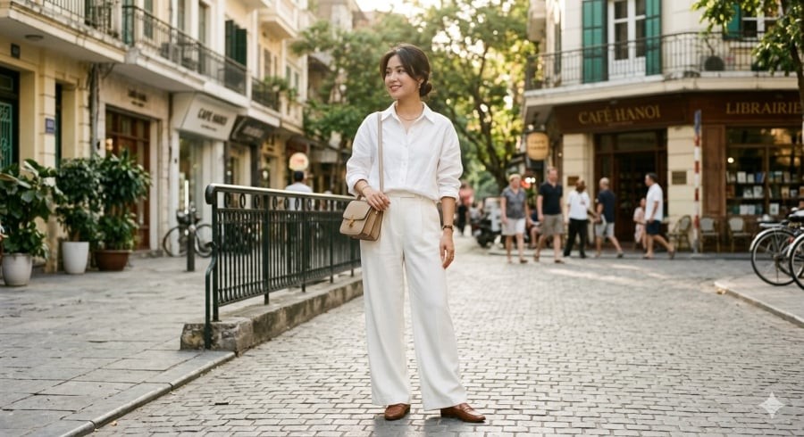 Sơ mi trắng và quần tây trắng tạo nên công thức thời trang tối giản nhưng đầy khí chất cho mùa hè 2026.