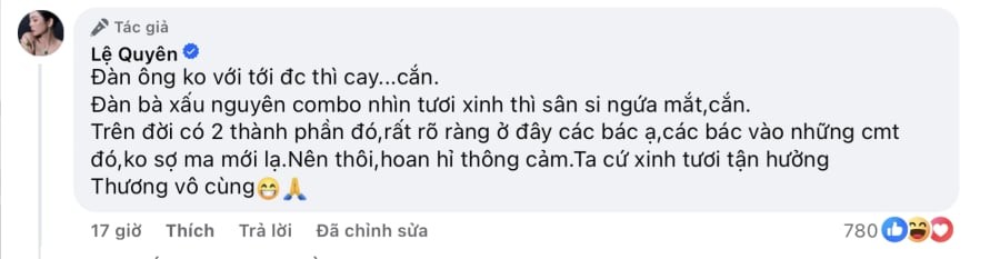 Lệ Quyên gây tranh cãi với đáp trả bình luận kém duyên bàn tán về ngoại hình của cô
