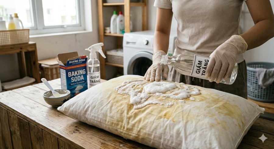 Baking soda kết hợp giấm trắng giúp xử lý vết ố vàng trên ruột gối khá hiệu quả.