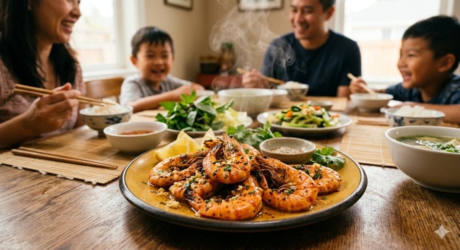Tôm nướng bơ tỏi vàng óng, thơm lừng khiến cả nhà chỉ muốn ăn ngay khi vừa ra lò.