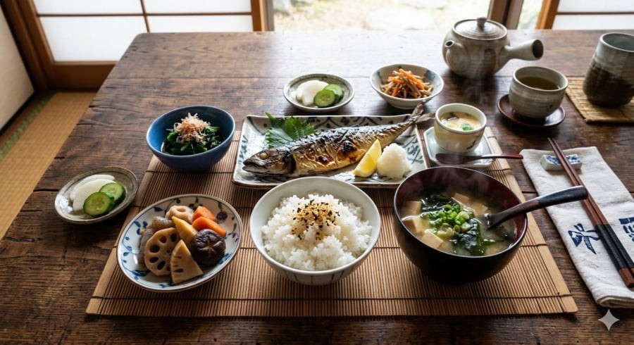 Bữa ăn kiểu Nhật thường đa dạng món nhưng khẩu phần vừa phải, ưu tiên thực phẩm tươi và ít dầu mỡ.