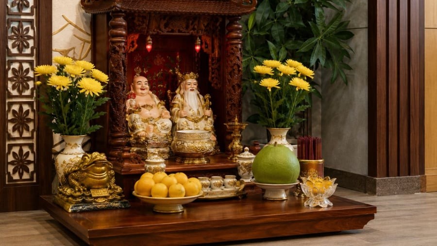 Ban thờ Thần Tài đặt ở mặt đất do quan niệm thờ cúng Thần tài