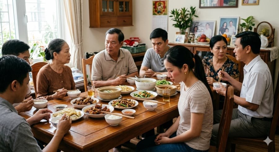 Không khí bữa cơm gia đình đôi khi trở nên gượng gạo vì những tình huống khó nói.