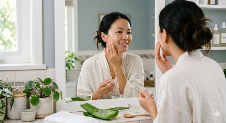 Nha đam chứa nhiều nước và chất chống oxy hóa giúp cấp ẩm, hỗ trợ làm sáng và làm dịu làn da.