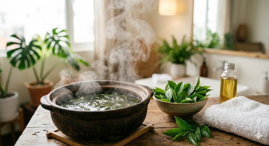 Xông mặt bằng lá trà xanh là phương pháp chăm sóc da dân dã được nhiều người áp dụng tại nhà.