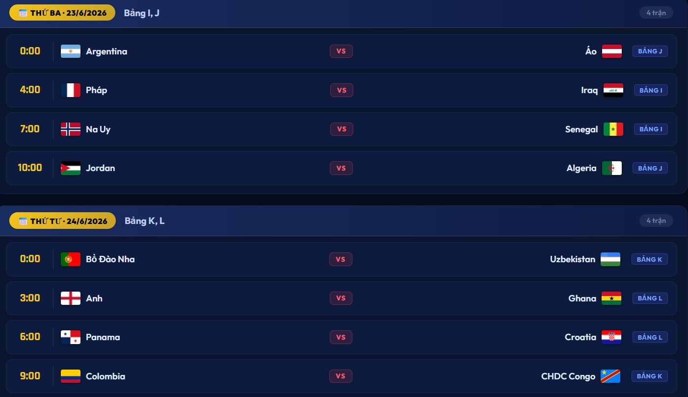 Lịch thi đấu World Cup 2026 từ ngày 23/6 đến 24/6.