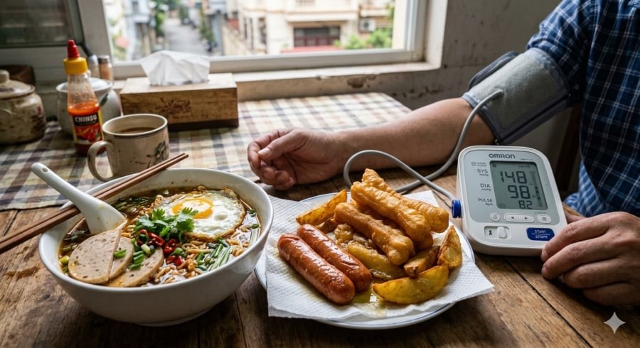 Nhiều món ăn sáng quen thuộc có thể chứa lượng muối và chất béo cao, không phù hợp với người bị tăng huyết áp.