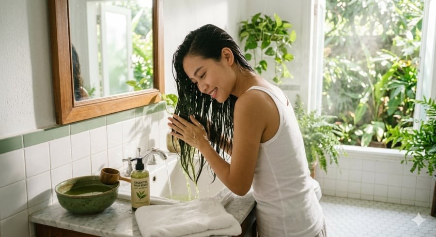 Nước trà xanh giúp da đầu sạch thoáng và mái tóc mềm nhẹ hơn trong những ngày nóng bức.