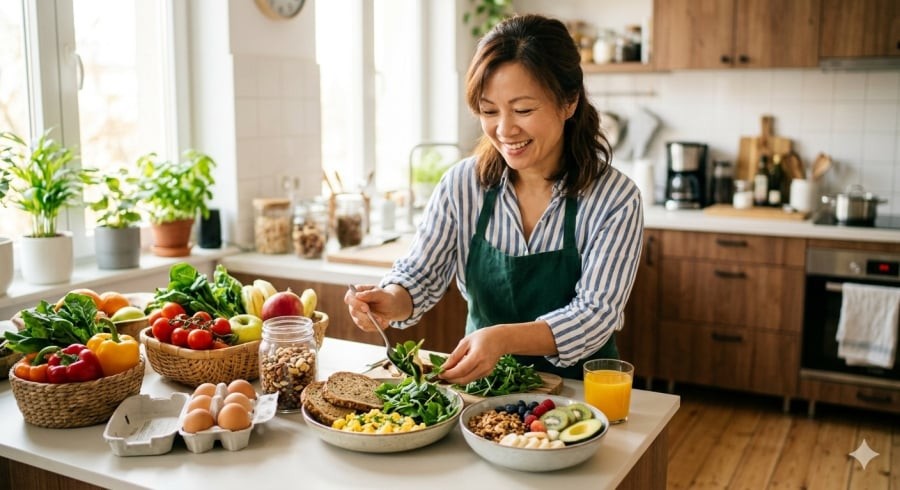 Chế độ ăn cân bằng có thể giúp phụ nữ sau 40 duy trì năng lượng và giảm cảm giác mệt mỏi trong cuộc sống hàng ngày.