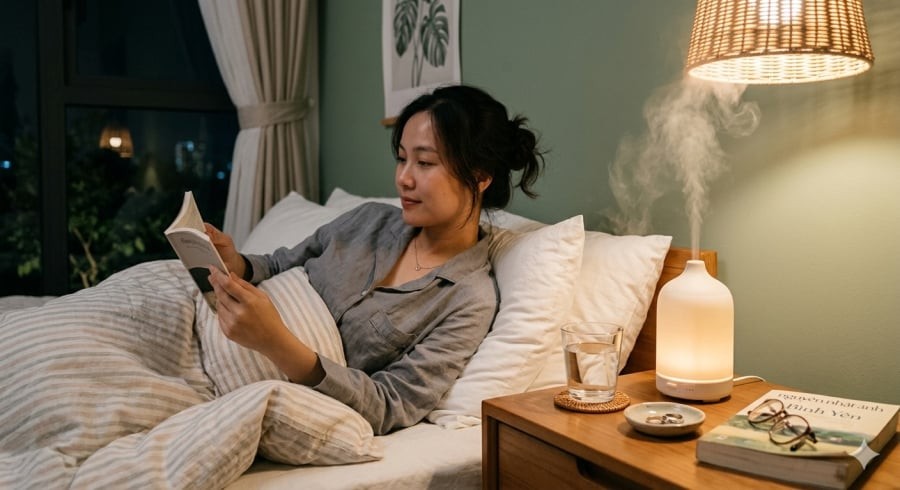 Một cốc nước, chút hương thơm dịu nhẹ và độ ẩm phù hợp có thể giúp cơ thể thư giãn, dễ đi vào giấc ngủ hơn.