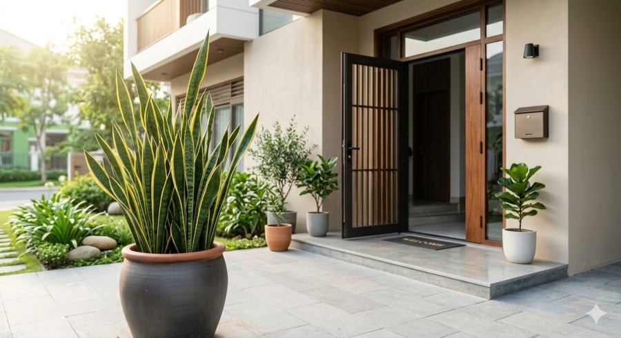 Nhiều gia đình đặt cây lưỡi hổ trước cửa với mong muốn mang lại cảm giác bình an, may mắn và nguồn năng lượng tích cực cho ngôi nhà.