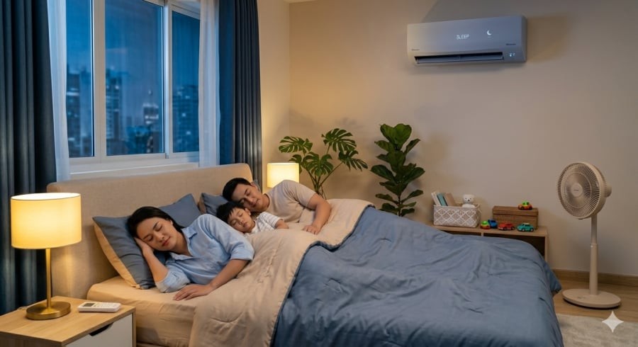 Kết hợp quạt với điều hòa và sử dụng chế độ Sleep giúp căn phòng mát đều, dễ ngủ hơn mà vẫn tiết kiệm điện.