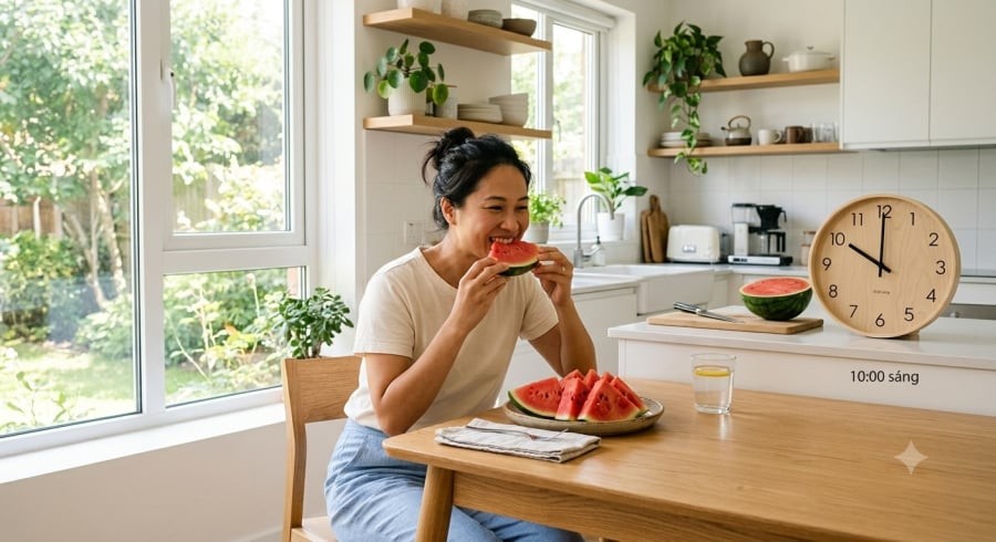 Dưa hấu là món ăn nhẹ giải nhiệt lý tưởng, nhưng nên dùng với lượng vừa phải và tránh ăn quá nhiều vào sát giờ đi ngủ.