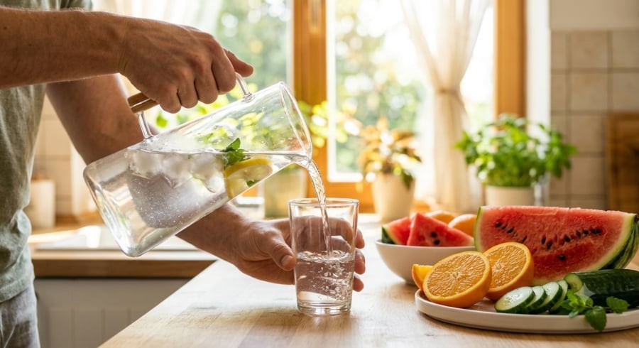 Bổ sung nước đều đặn từ sáng sớm giúp cơ thể duy trì năng lượng và hạn chế nguy cơ mất nước trong những ngày nắng nóng.