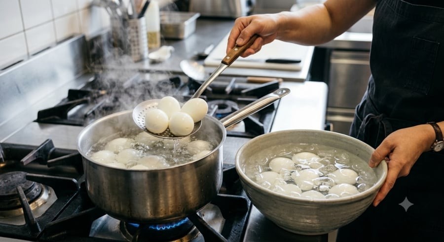 Ngâm nước lạnh sau khi luộc giúp trứng nguội nhanh và thường dễ bóc vỏ hơn.