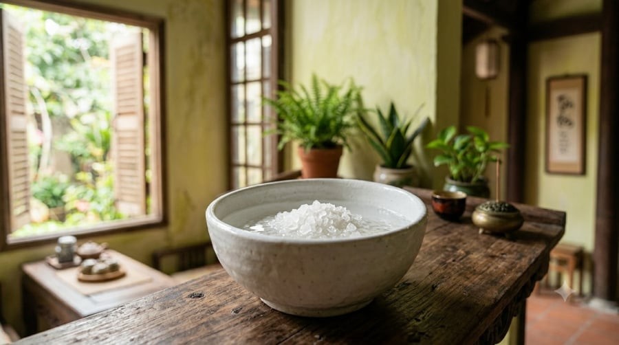 Theo kinh nghiệm dân gian, bát nước muối không chỉ giúp giảm cảm giác ẩm thấp mà còn mang ý nghĩa thanh sạch và bình an cho ngôi nhà.