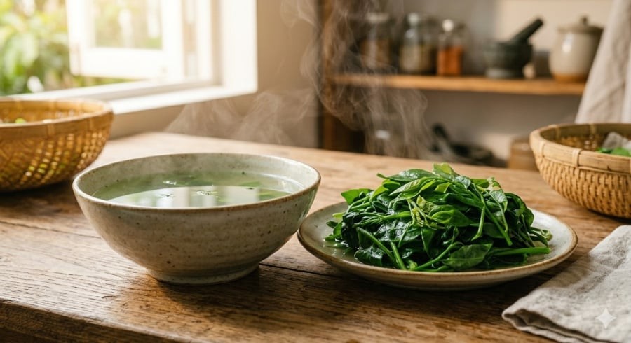 Một phần vitamin và khoáng chất trong rau ngót có thể hòa tan vào nước trong quá trình luộc, vì vậy nhiều người lựa chọn tận dụng cả phần nước này.