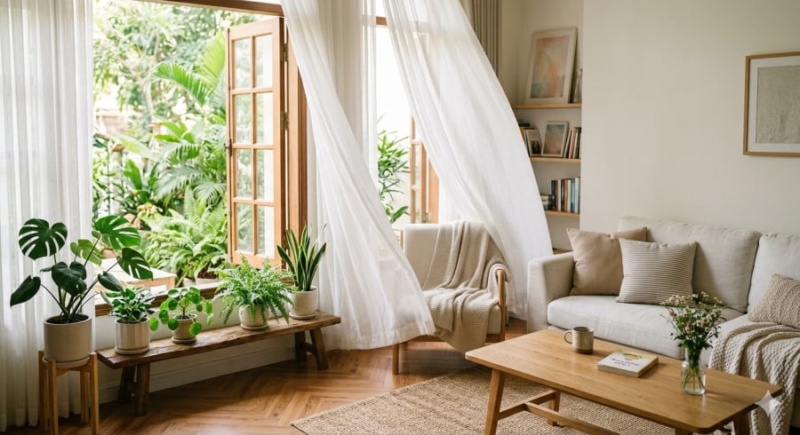Mở cửa sổ vào sáng sớm giúp không khí trong lành lưu thông, mang lại cảm giác dễ chịu cho ngôi nhà trong những ngày hè nóng bức.