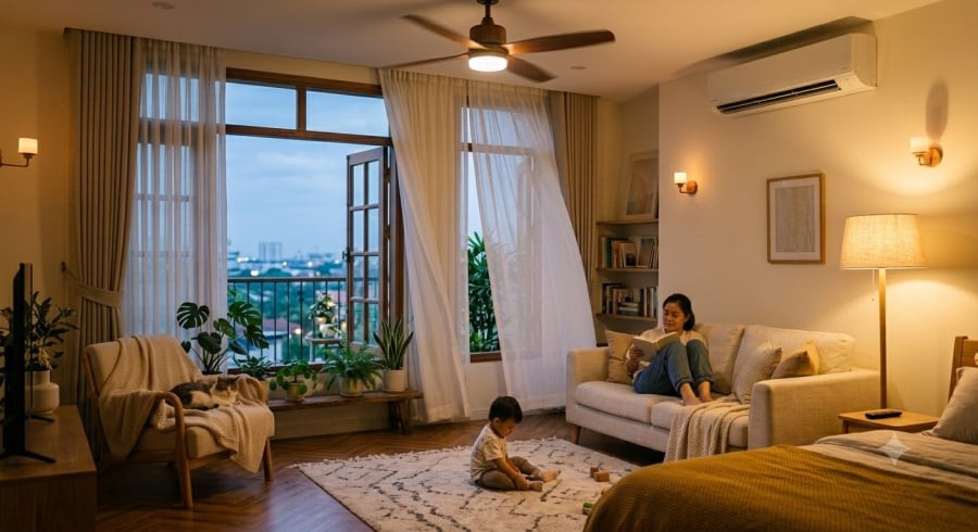 Thông gió vào buổi tối và sử dụng điều hòa hợp lý là cách đơn giản giúp làm mát nhà hiệu quả, đồng thời tiết kiệm điện năng.
