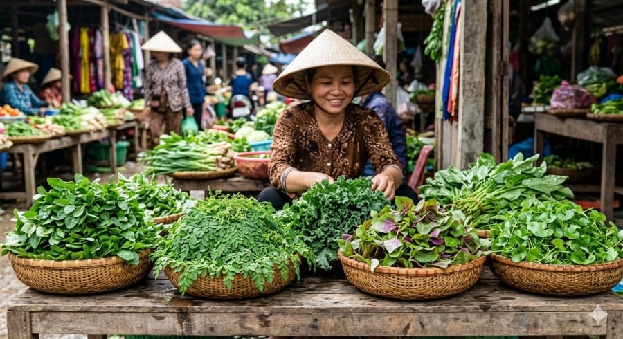 Rau ngót, rau chùm ngây, cải xoăn, rau dền và rau má đều là những loại rau giàu vitamin, khoáng chất và chất xơ, góp phần làm phong phú bữa ăn hằng ngày.