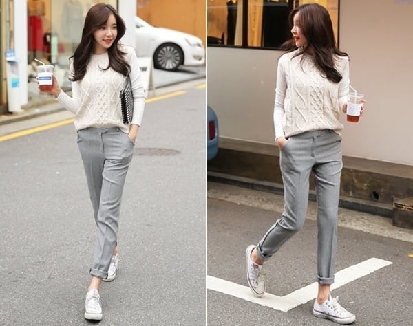 Khi kết hợp với quần tây, sneakers giúp cân bằng giữa sự chỉn chu và cảm giác thoải mái thường ngày.