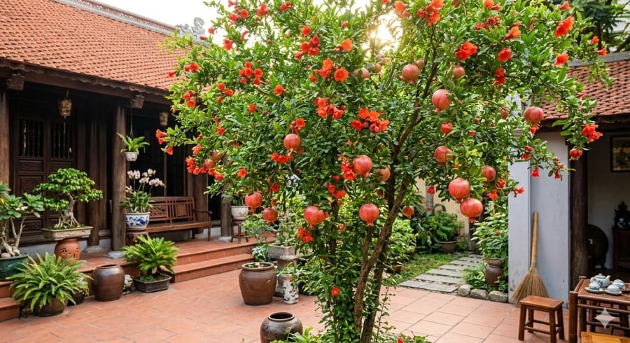 Cây lựu được nhiều gia đình yêu thích nhờ vẻ đẹp rực rỡ và ý nghĩa tượng trưng cho sự sung túc, con cháu đề huề.