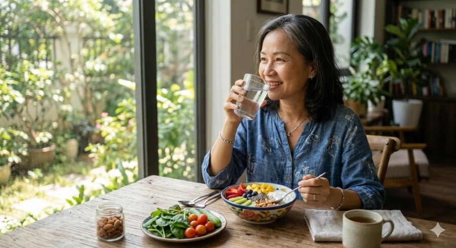 Bữa sáng cân bằng kết hợp uống đủ nước có thể hỗ trợ kiểm soát axit uric và giảm nguy cơ bùng phát cơn gút.