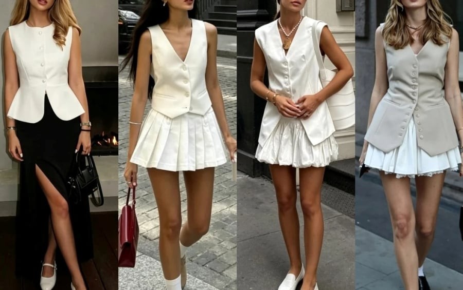Sự đối lập giữa nét thanh lịch của áo vest và vẻ tươi trẻ của chân váy giúp bộ trang phục trở nên hiện đại và thu hút hơn.
