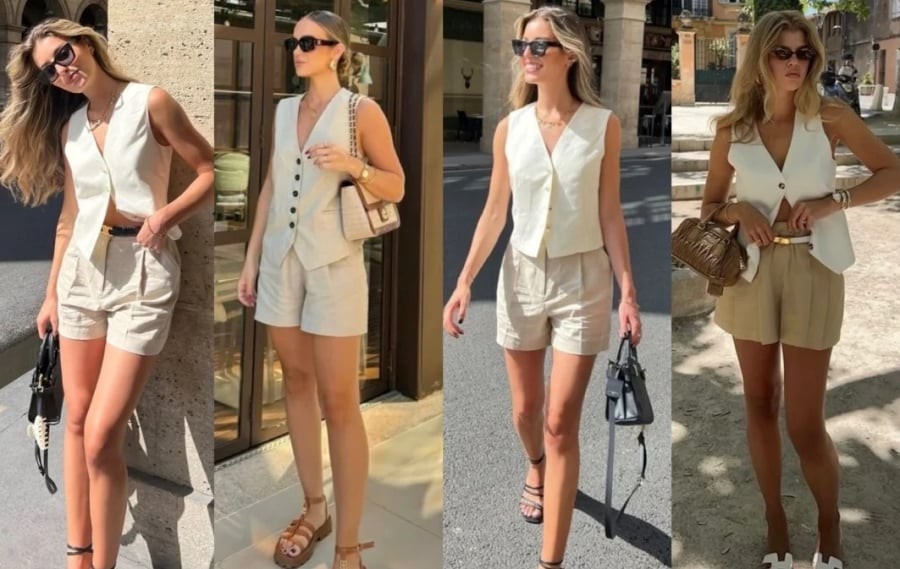 Khi phối cùng áo vest không tay, bộ đôi này tạo nên vẻ ngoài khỏe khoắn nhưng vẫn giữ được sự chỉn chu cần thiết.