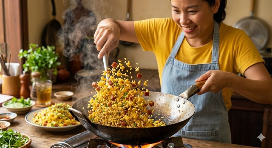 Khi từng hạt cơm săn lại, thấm đều trứng và gia vị, món ăn sẽ có độ tơi xốp cùng hương thơm hấp dẫn chẳng kém ngoài hàng.