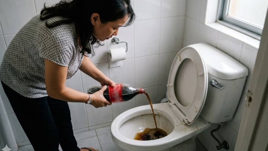 Sau khi đổ coca vào bồn cầu, bạn cần chờ 1-2 tiếng hoặc để qua đêm để các cặn bẩn được làm mềm rồi mới cọ rửa.