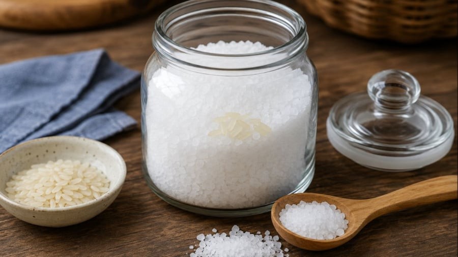 Gạo cho vào lọ muối có thể giúp hút độ ẩm