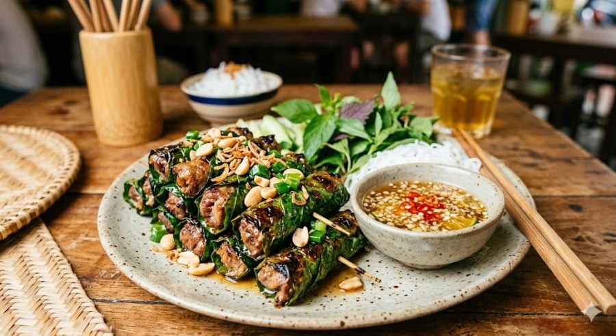 Trước khi cuốn, bạn có thể chần sơ lá lốt qua nước sôi khoảng 2 - 3 giây rồi vớt ra ngâm ngay vào bát nước đá lạnh, sau đó thấm thật khô.