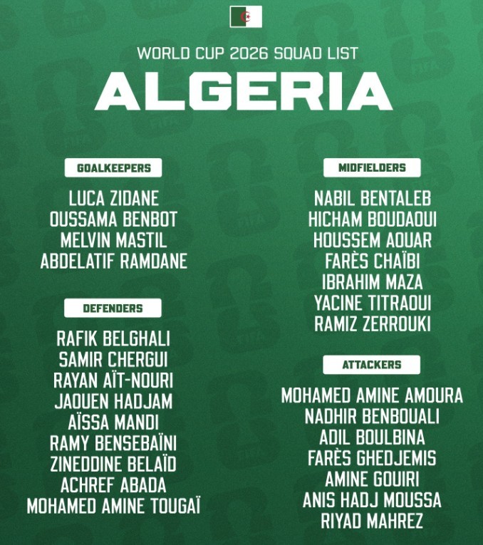 Đội hình tuyển Algeria tại World Cup 2026.