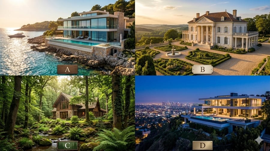 Bạn sẽ chọn căn biệt thự nào? Mỗi lựa chọn có thể tiết lộ một phần tham vọng và khát vọng sâu thẳm đang ẩn bên trong con người bạn.