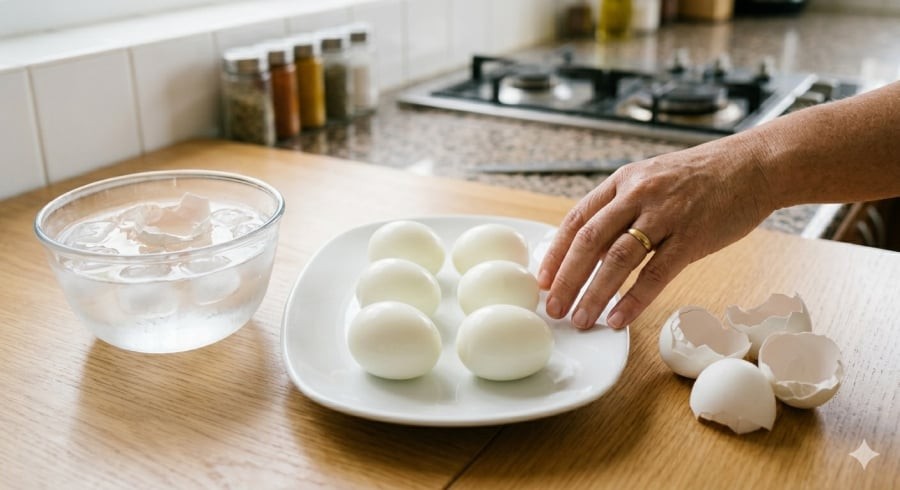 Ngâm trứng vào nước lạnh ngay sau khi luộc là mẹo đơn giản giúp lớp vỏ tách khỏi lòng trắng nhanh và đẹp hơn.