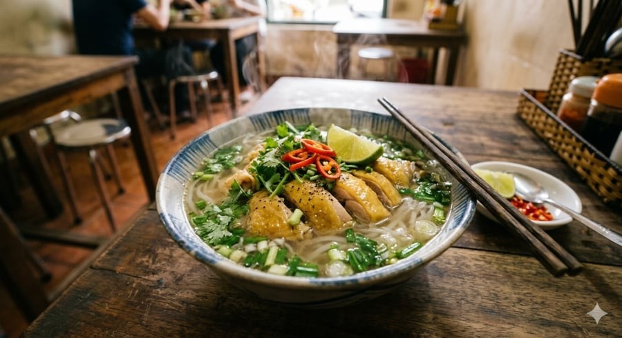 Phở gà thơm ngọt, món ăn quen thuộc nhưng luôn khiến cả gia đình thích thú.
